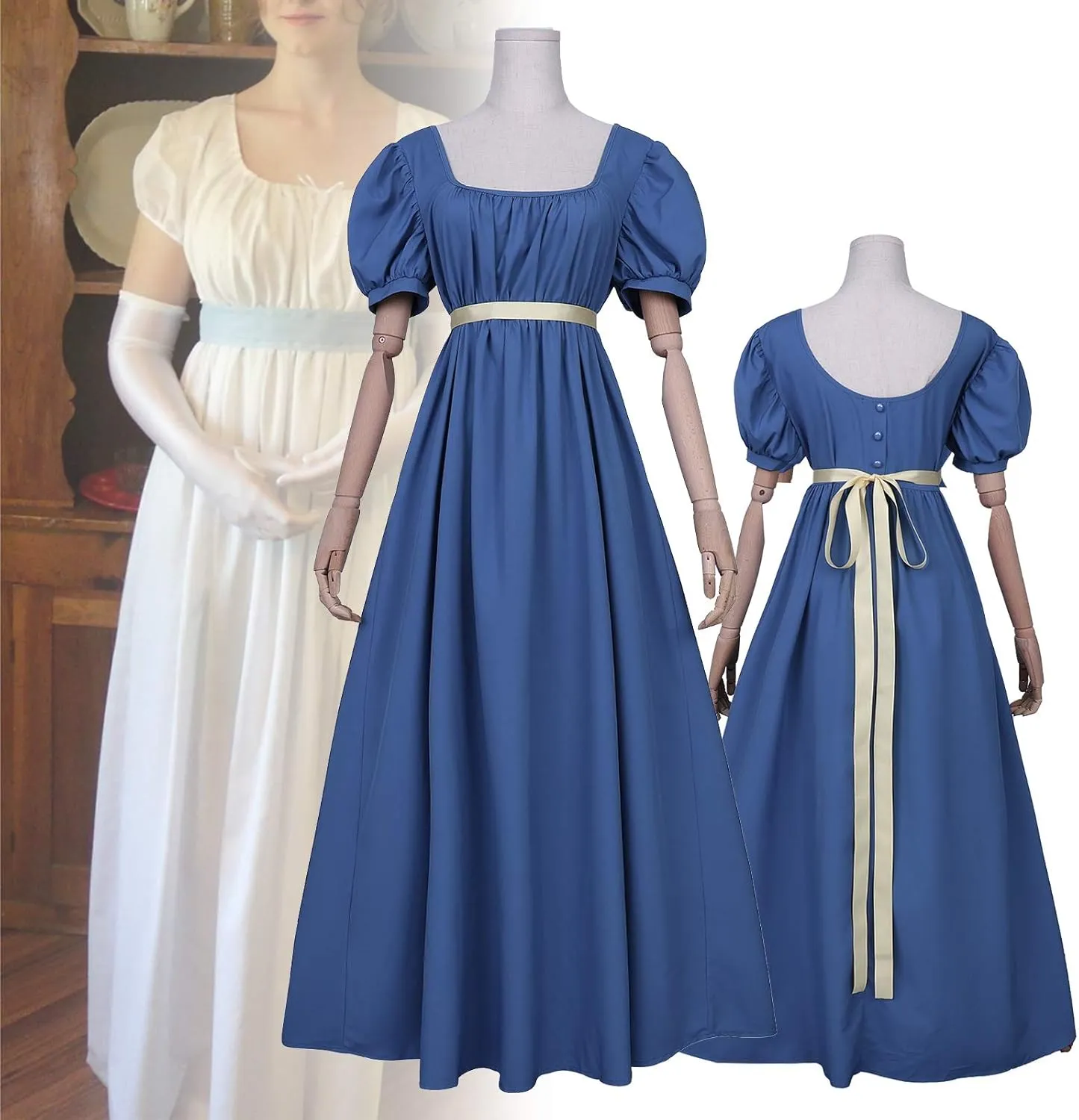 Regency Dresses for Women with Satin Sash Ruffled Puff Sleeve Empire Waist Dress Gown