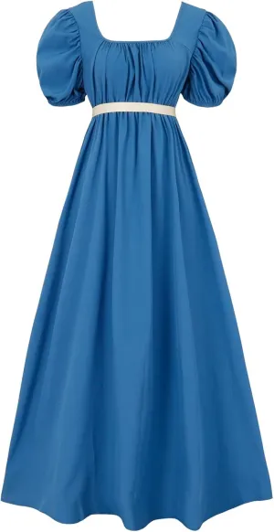 Regency Dresses for Women with Satin Sash Ruffled Puff Sleeve Empire Waist Dress Gown