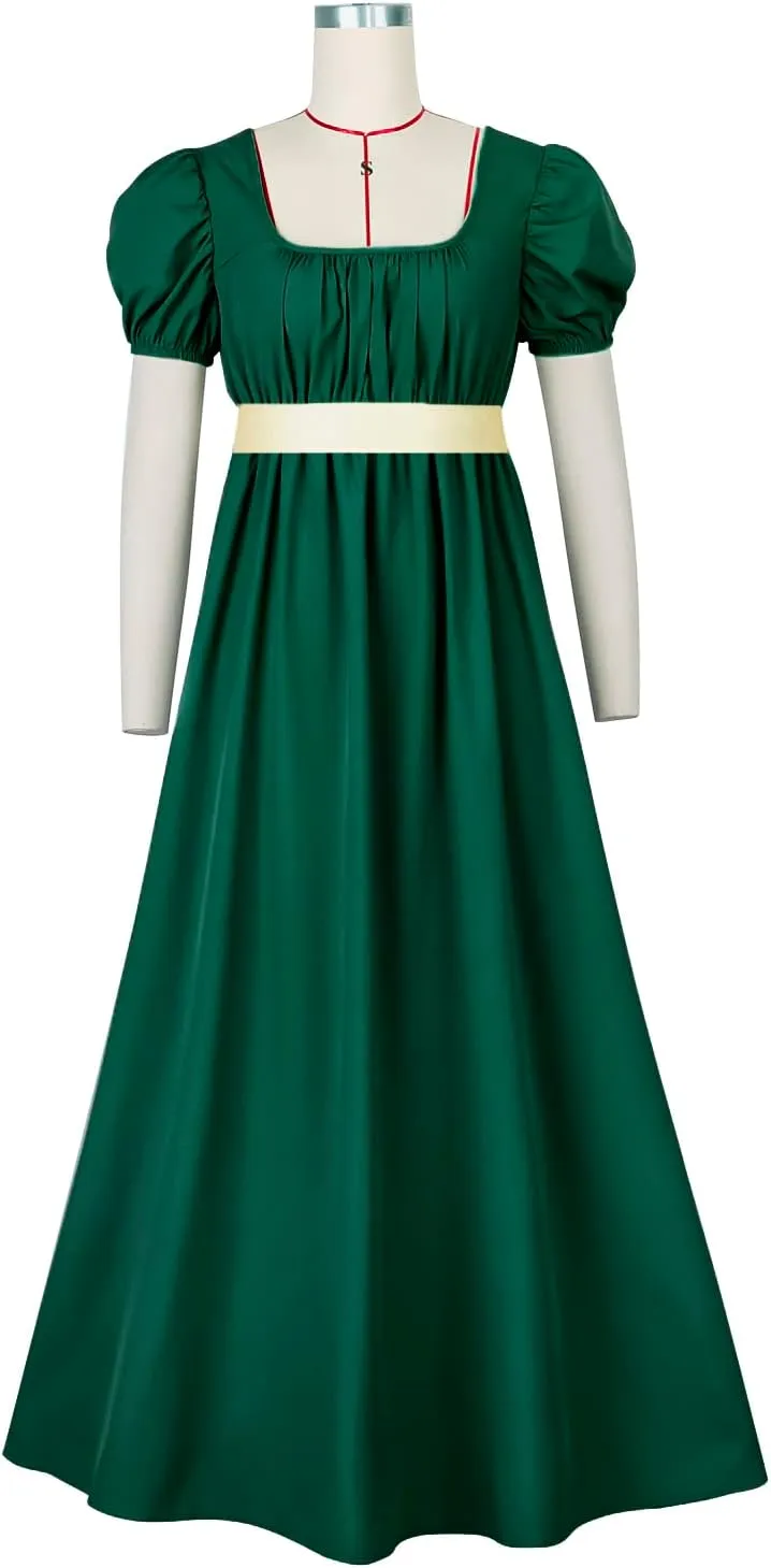 Regency Dresses for Women with Satin Sash Ruffled Puff Sleeve Empire Waist Dress Gown