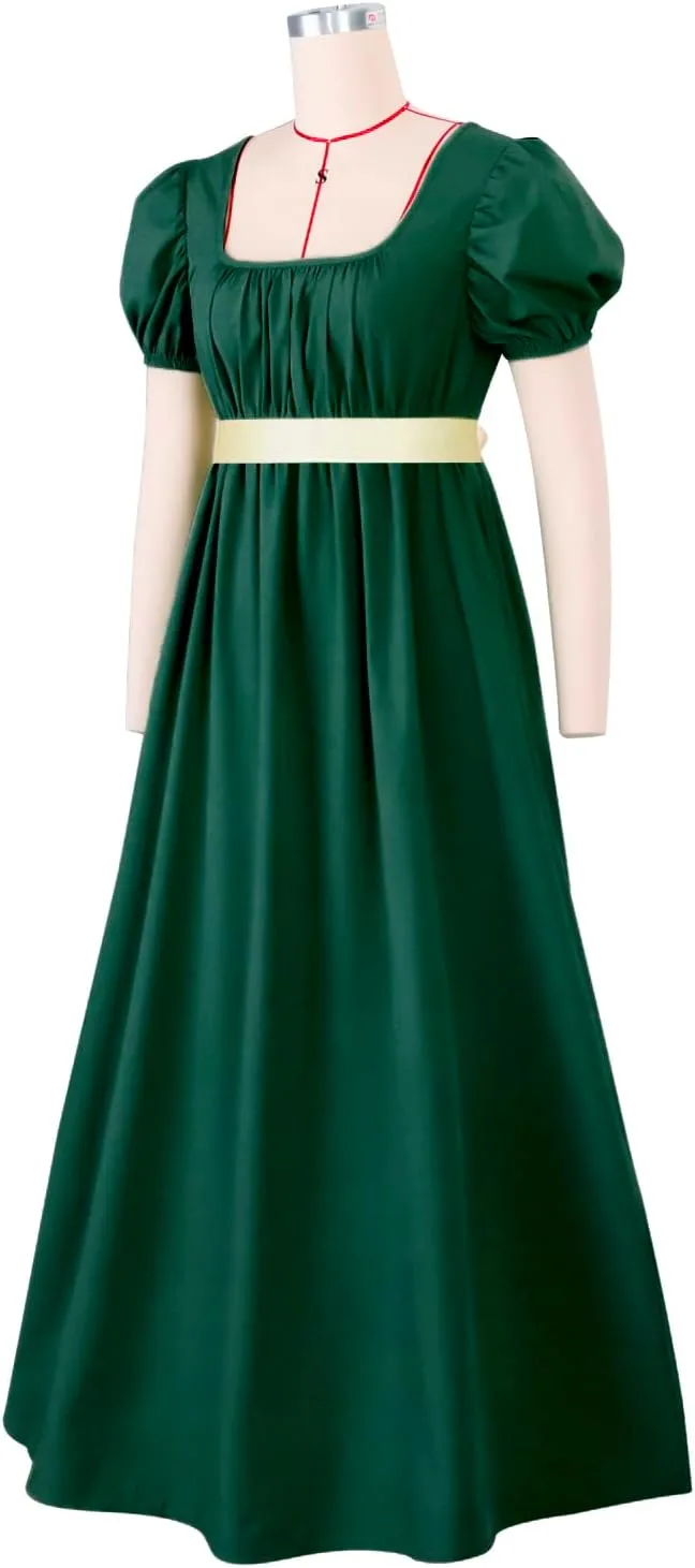Regency Dresses for Women with Satin Sash Ruffled Puff Sleeve Empire Waist Dress Gown