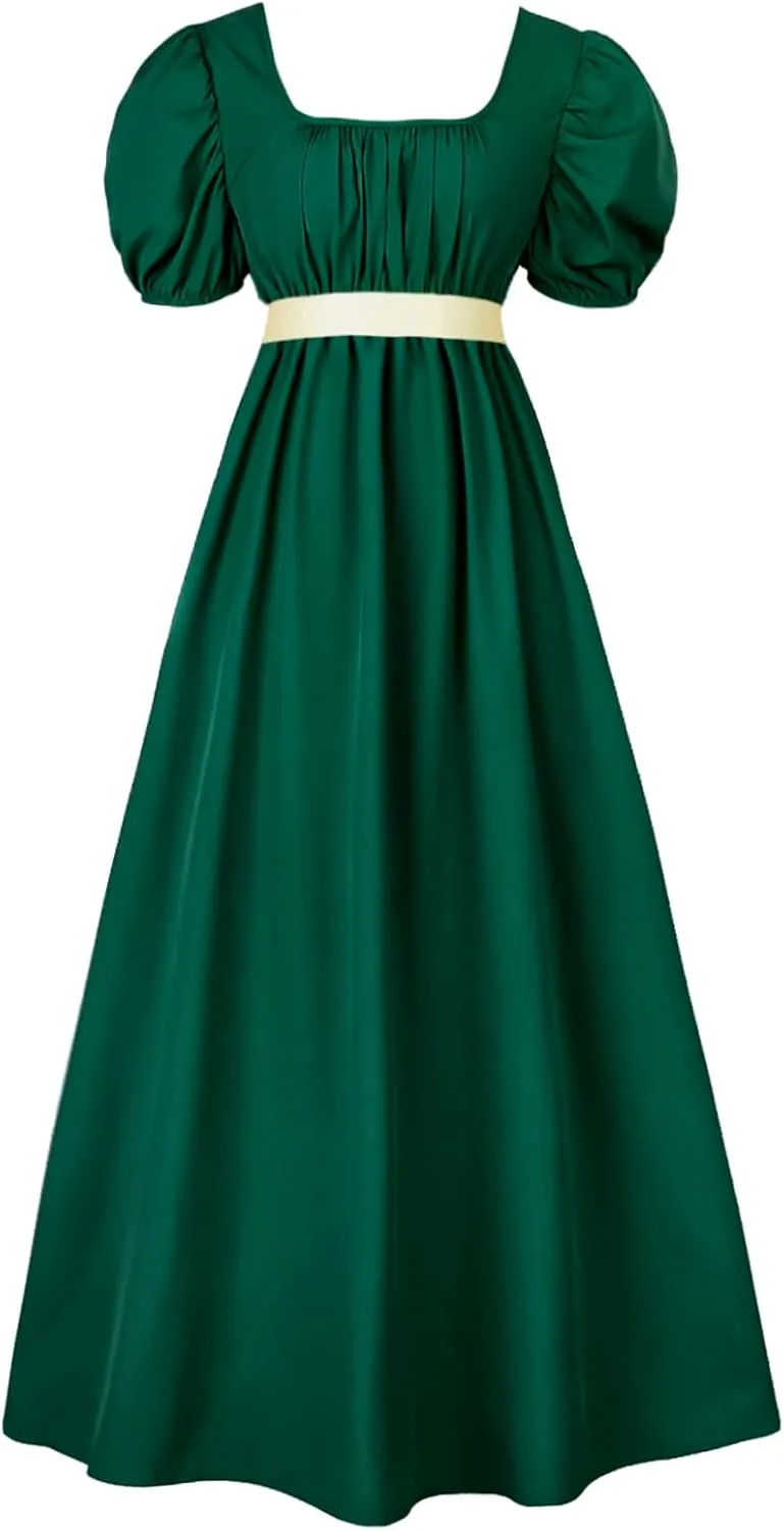 Regency Dresses for Women with Satin Sash Ruffled Puff Sleeve Empire Waist Dress Gown