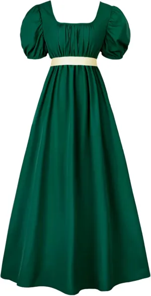 Regency Dresses for Women with Satin Sash Ruffled Puff Sleeve Empire Waist Dress Gown
