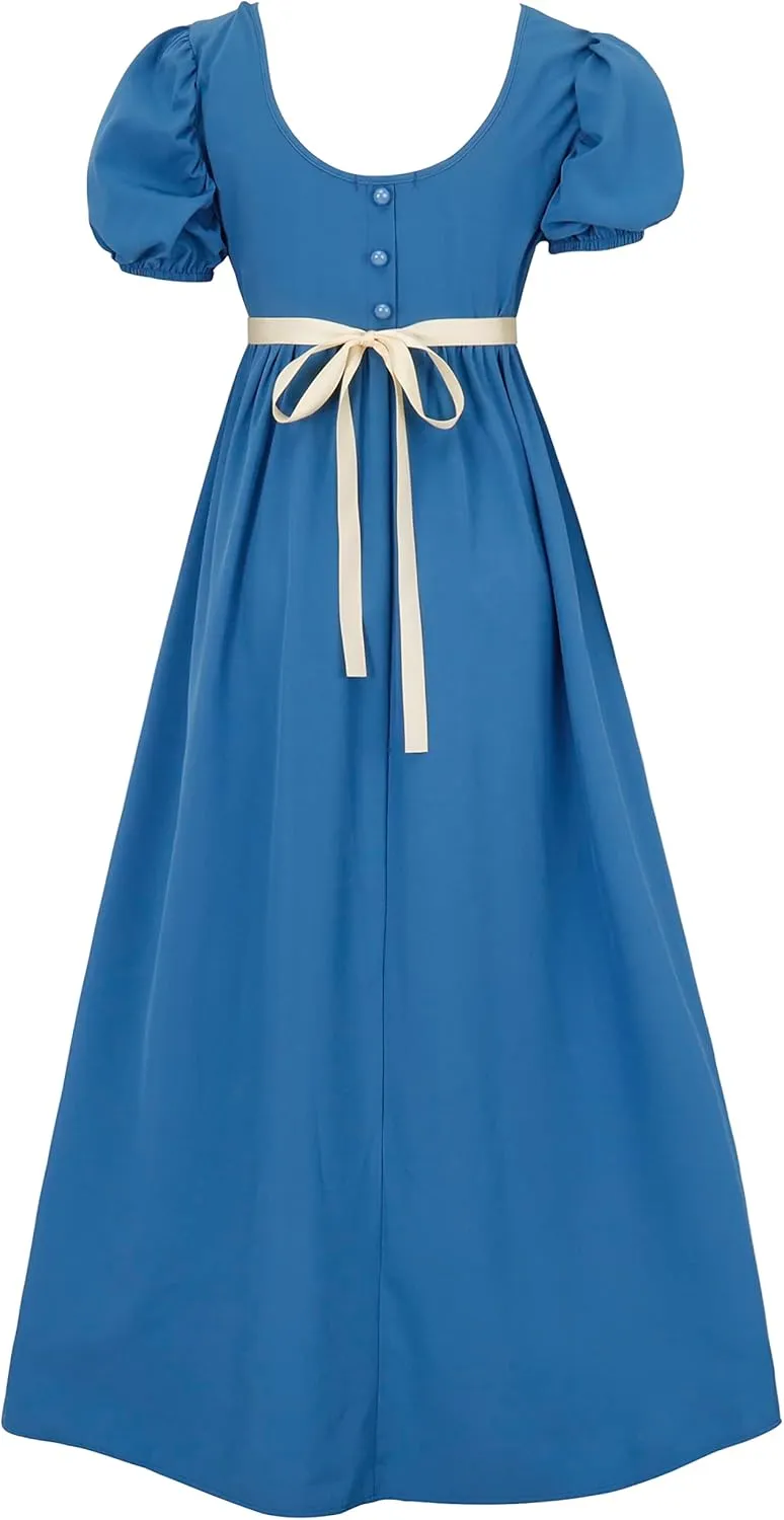 Regency Dresses for Women with Satin Sash Ruffled Puff Sleeve Empire Waist Dress Gown