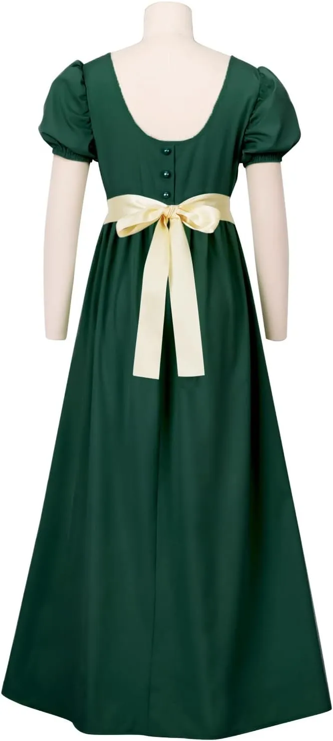 Regency Dresses for Women with Satin Sash Ruffled Puff Sleeve Empire Waist Dress Gown