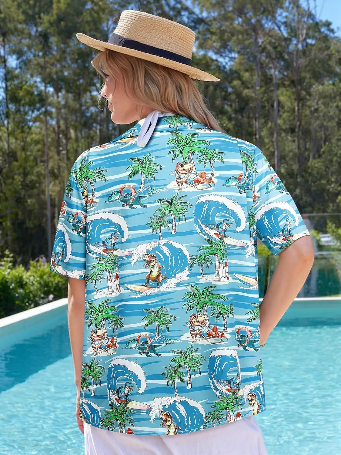 RMCMS Womens Hawaiian Shirt Tropical Dinosaur Print Blouse Short Sleeve Button Down Aloha Beach Luau Party Shirts