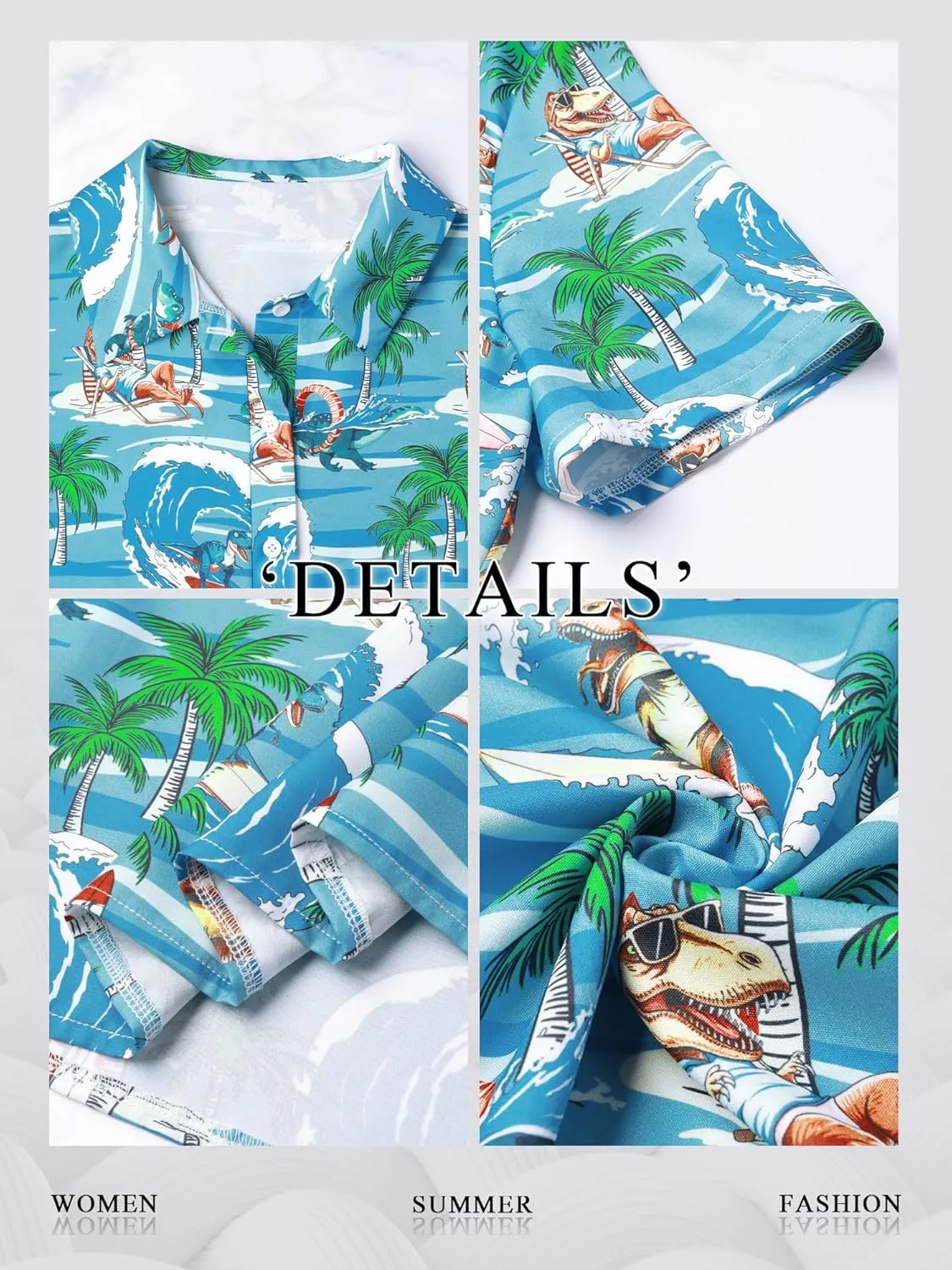 RMCMS Womens Hawaiian Shirt Tropical Dinosaur Print Blouse Short Sleeve Button Down Aloha Beach Luau Party Shirts