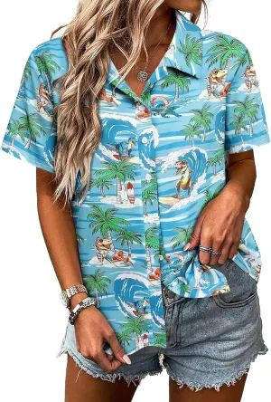 RMCMS Womens Hawaiian Shirt Tropical Dinosaur Print Blouse Short Sleeve Button Down Aloha Beach Luau Party Shirts