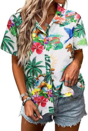 RMCMS Womens Hawaiian Shirt Tropical Dinosaur Print Blouse Short Sleeve Button Down Aloha Beach Luau Party Shirts