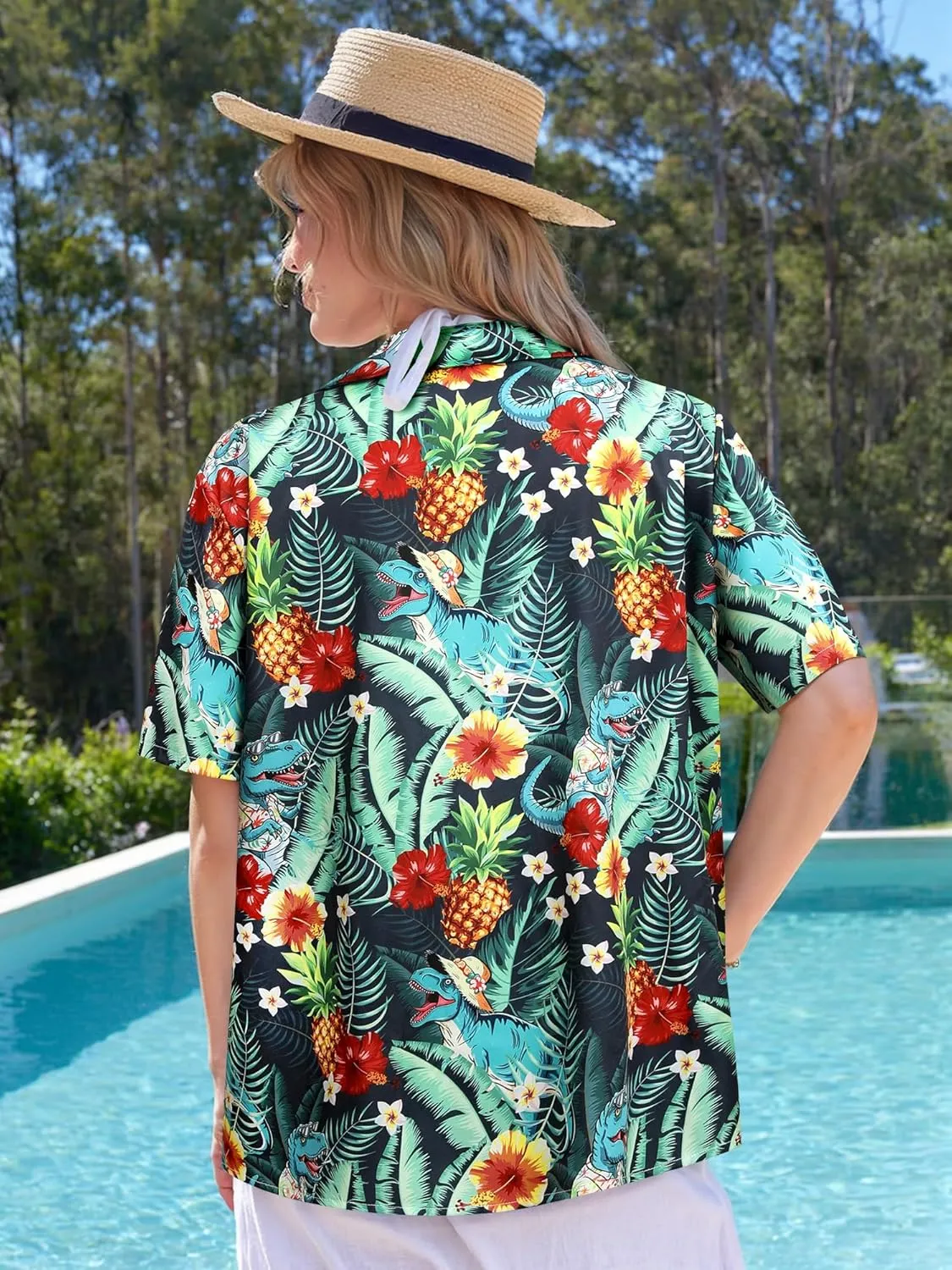 RMCMS Womens Hawaiian Shirt Tropical Dinosaur Print Blouse Short Sleeve Button Down Aloha Beach Luau Party Shirts