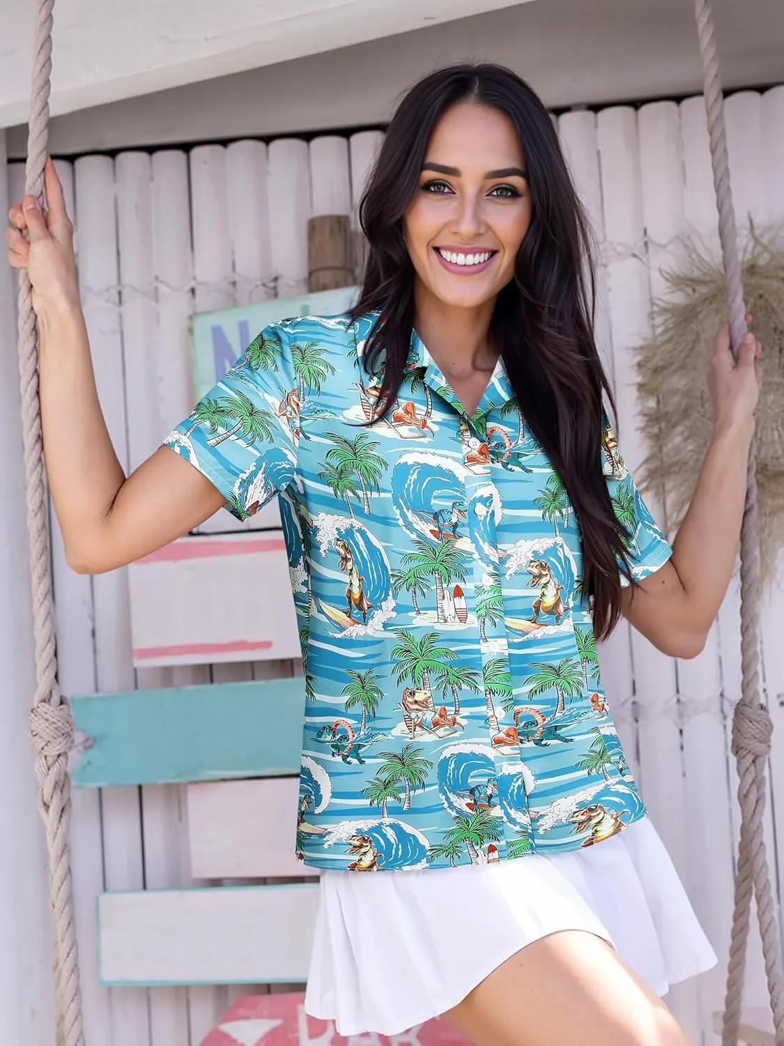 RMCMS Womens Hawaiian Shirt Tropical Dinosaur Print Blouse Short Sleeve Button Down Aloha Beach Luau Party Shirts