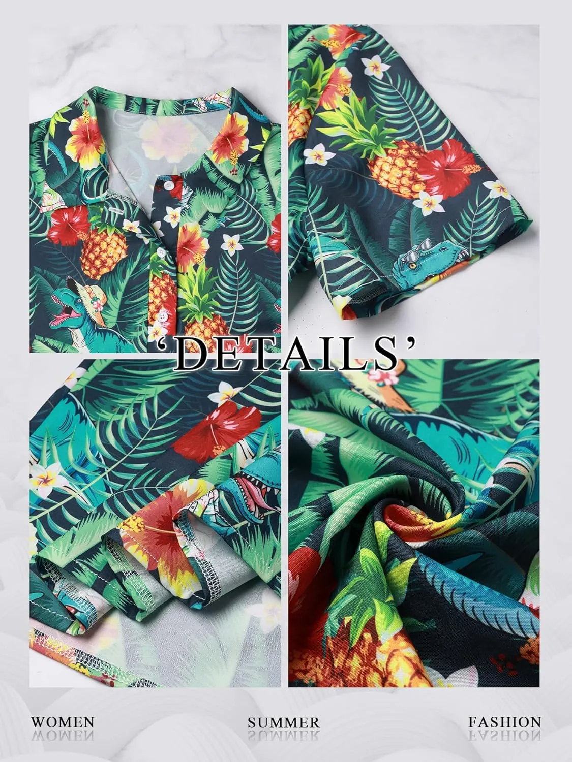 RMCMS Womens Hawaiian Shirt Tropical Dinosaur Print Blouse Short Sleeve Button Down Aloha Beach Luau Party Shirts