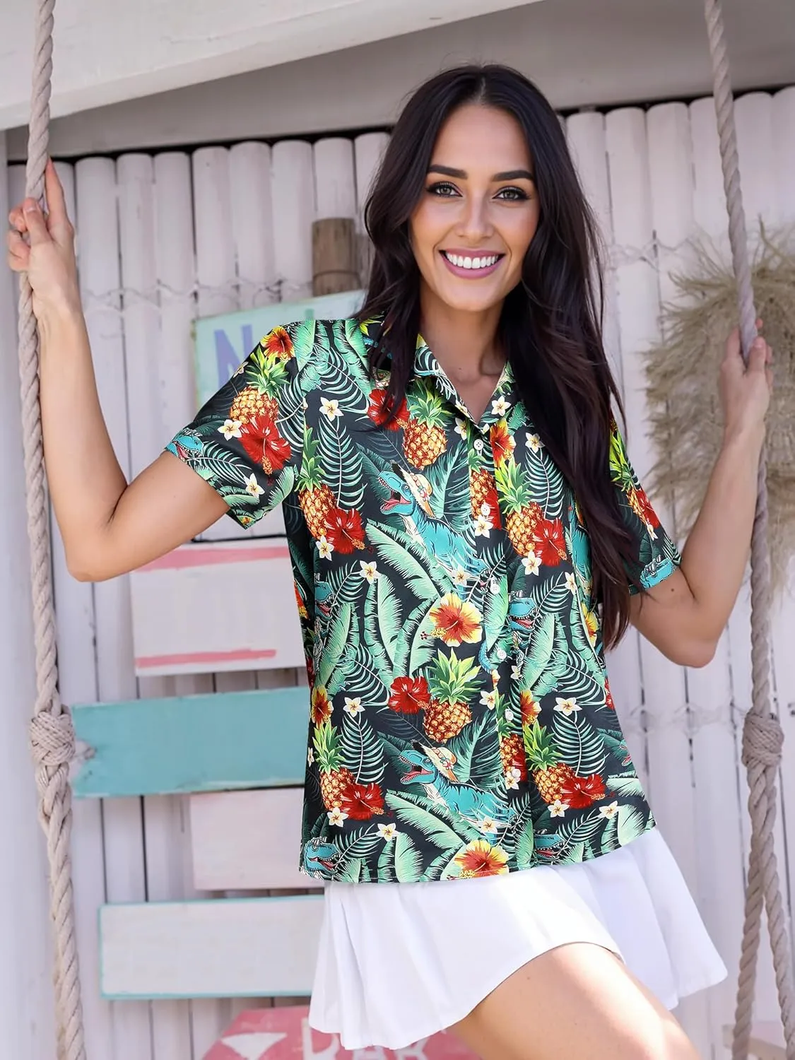 RMCMS Womens Hawaiian Shirt Tropical Dinosaur Print Blouse Short Sleeve Button Down Aloha Beach Luau Party Shirts