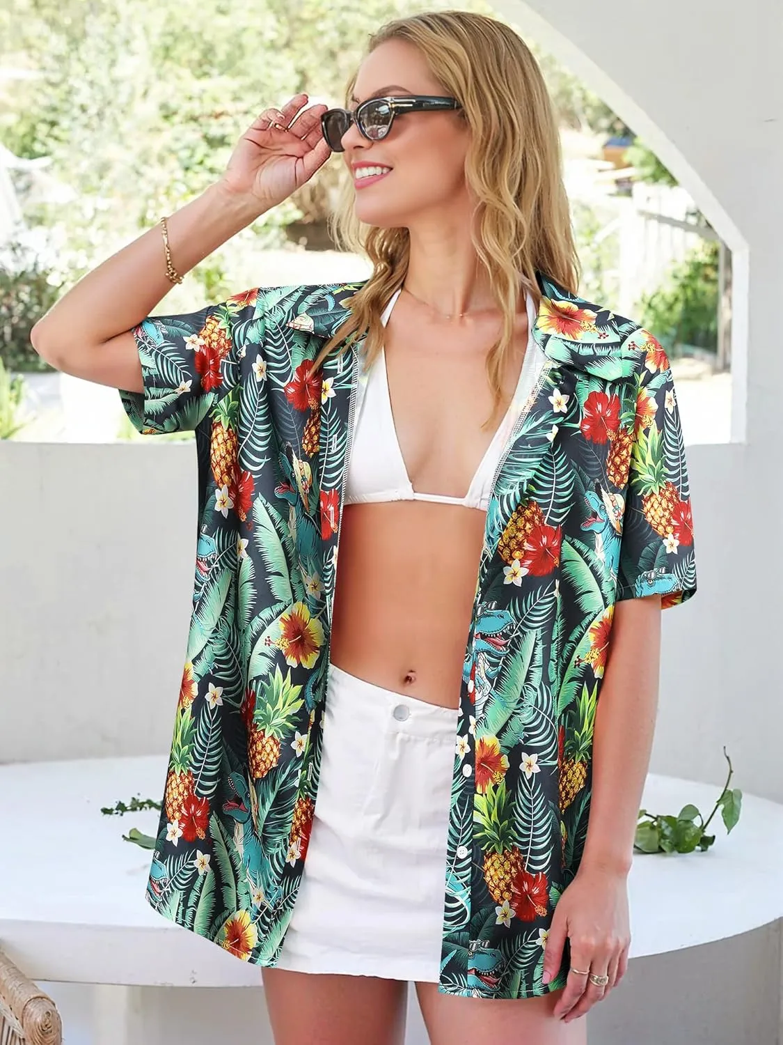 RMCMS Womens Hawaiian Shirt Tropical Dinosaur Print Blouse Short Sleeve Button Down Aloha Beach Luau Party Shirts