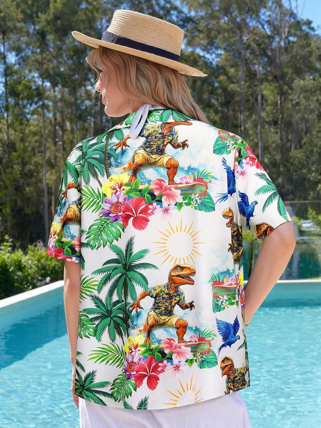 RMCMS Womens Hawaiian Shirt Tropical Dinosaur Print Blouse Short Sleeve Button Down Aloha Beach Luau Party Shirts
