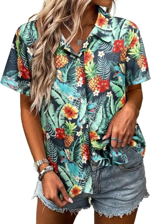 RMCMS Womens Hawaiian Shirt Tropical Dinosaur Print Blouse Short Sleeve Button Down Aloha Beach Luau Party Shirts
