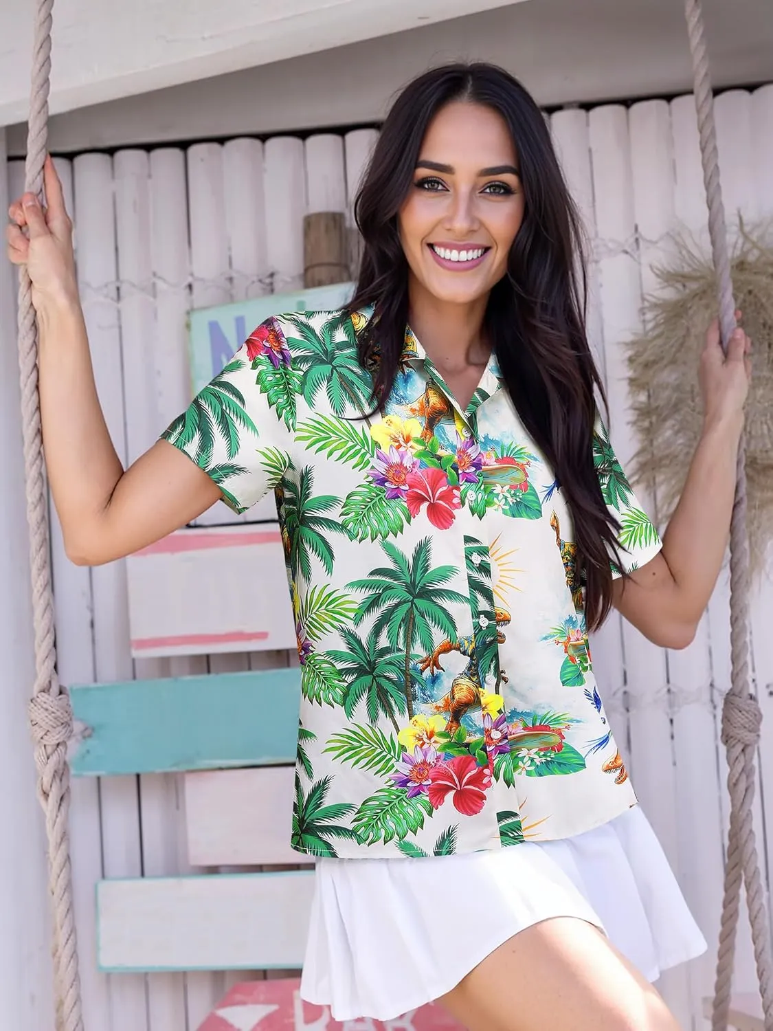 RMCMS Womens Hawaiian Shirt Tropical Dinosaur Print Blouse Short Sleeve Button Down Aloha Beach Luau Party Shirts