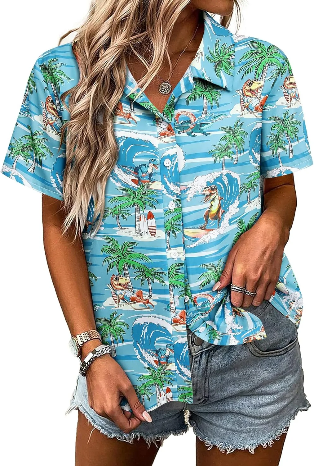 RMCMS Womens Hawaiian Shirt Tropical Dinosaur Print Blouse Short Sleeve Button Down Aloha Beach Luau Party Shirts