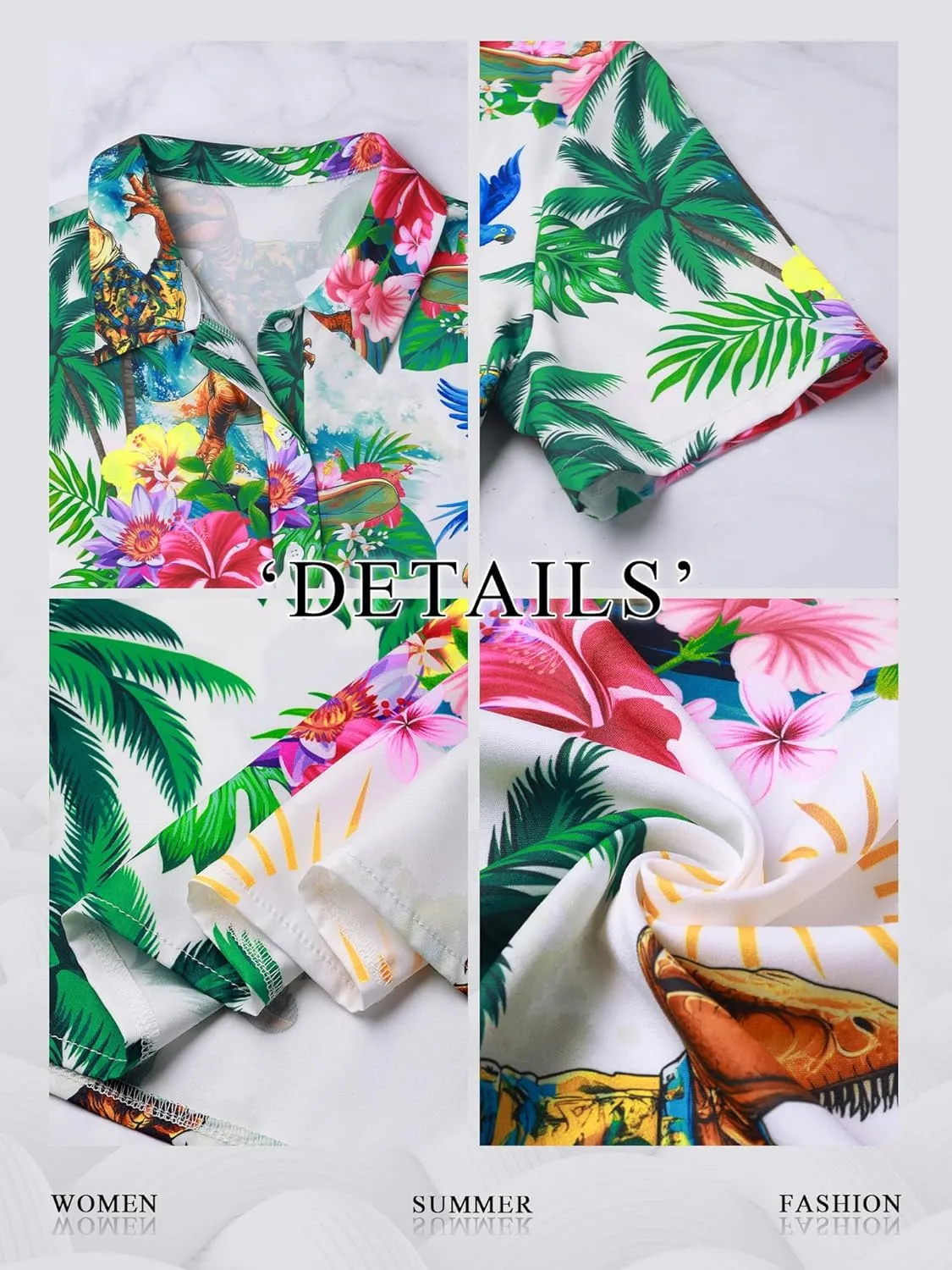 RMCMS Womens Hawaiian Shirt Tropical Dinosaur Print Blouse Short Sleeve Button Down Aloha Beach Luau Party Shirts