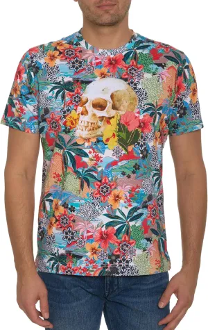 Robert Graham Men Tropical Skull Short Sleeve Knit Graphic T Shirt, Multi, Large