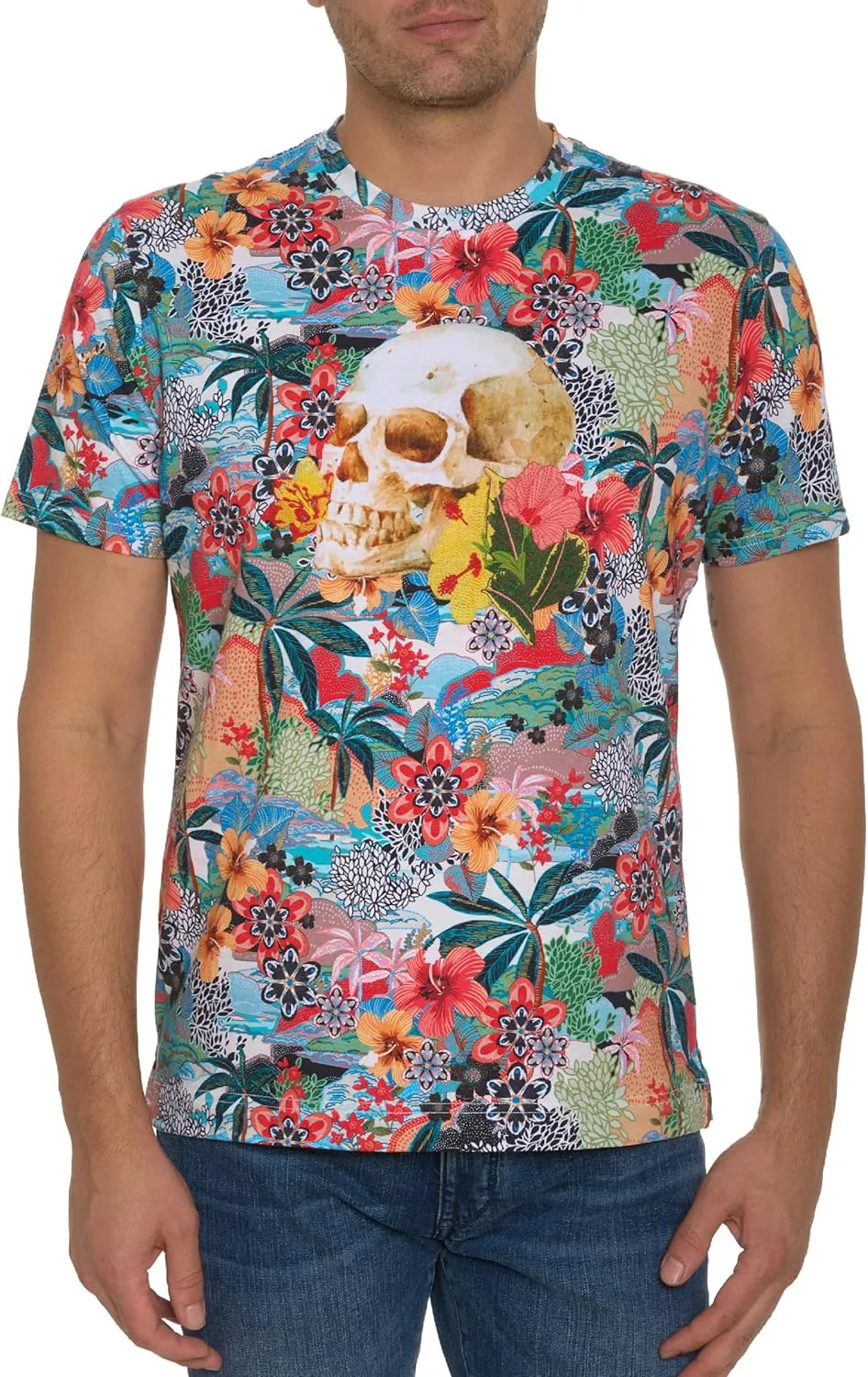 Robert Graham Men Tropical Skull Short Sleeve Knit Graphic T Shirt, Multi, Large