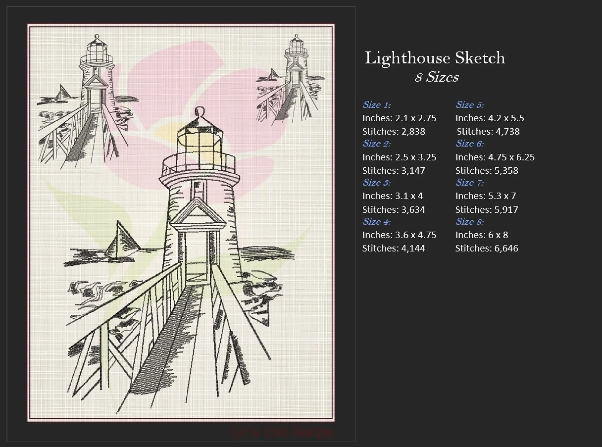Rocky Pier Lighthouse Sketch Machine Embroidery Design – Coastal Seaside Landscape Pattern, 8 Sizes (0934)