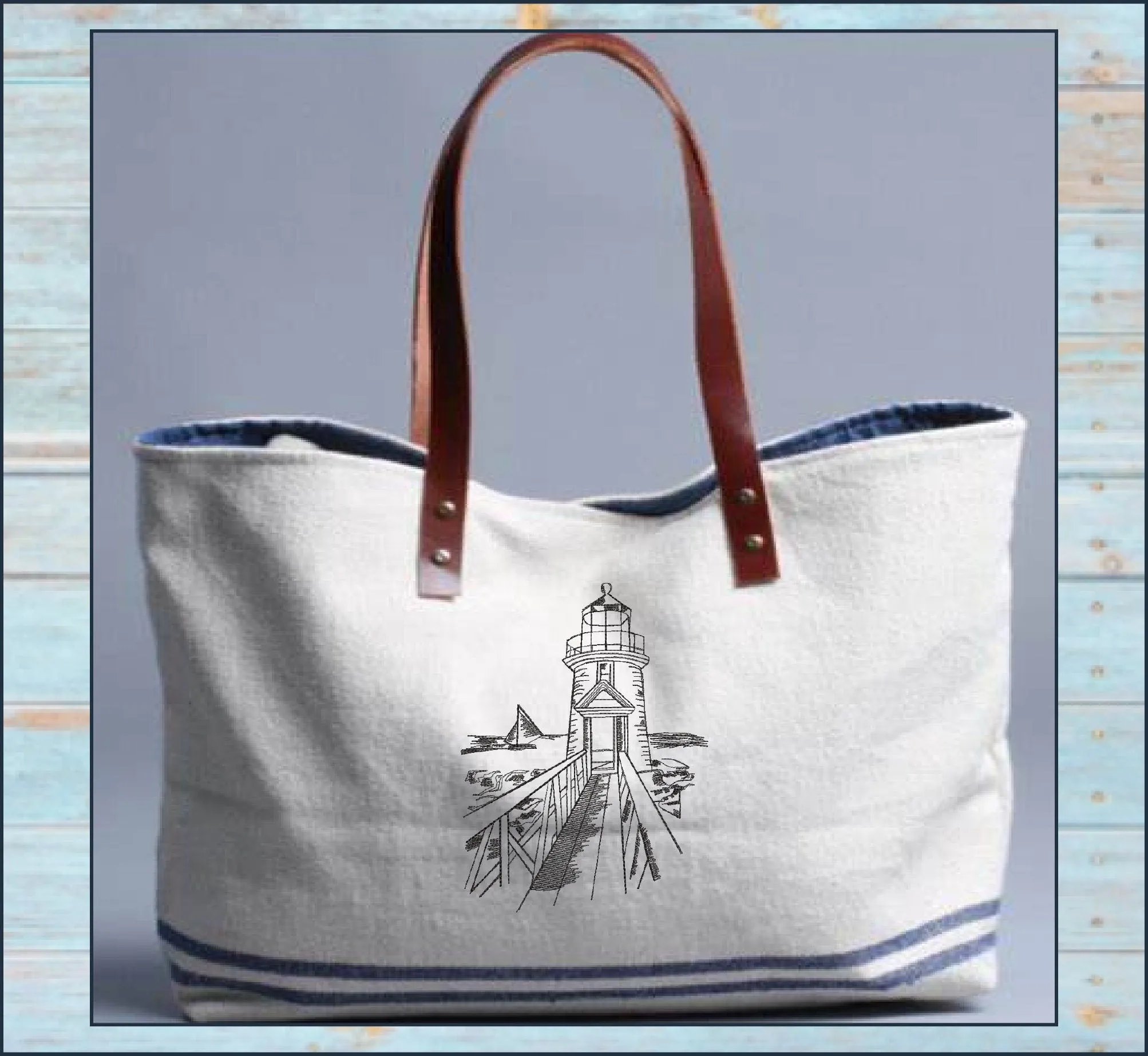 Rocky Pier Lighthouse Sketch Machine Embroidery Design – Coastal Seaside Landscape Pattern, 8 Sizes (0934)