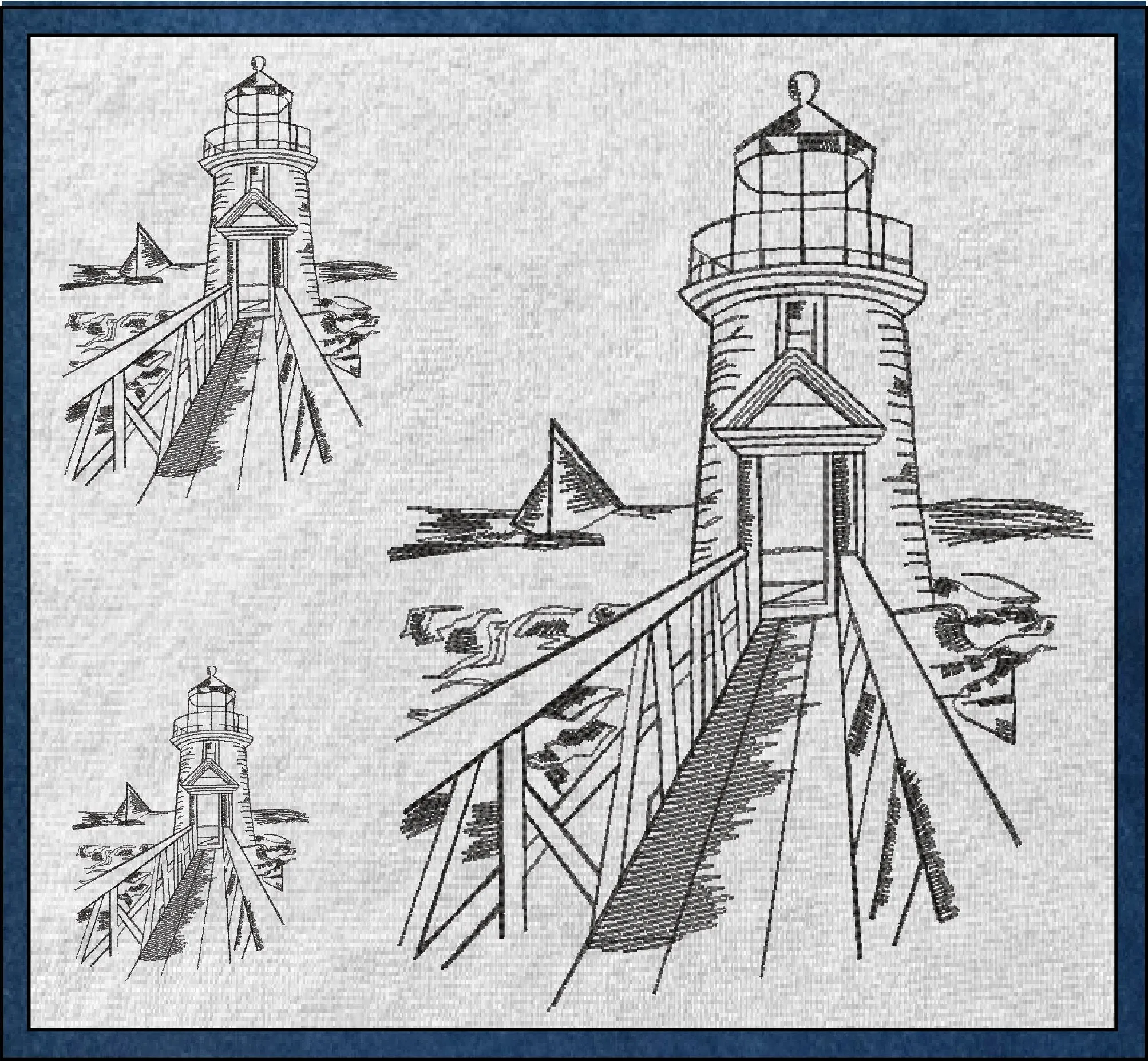Rocky Pier Lighthouse Sketch Machine Embroidery Design – Coastal Seaside Landscape Pattern, 8 Sizes (0934)