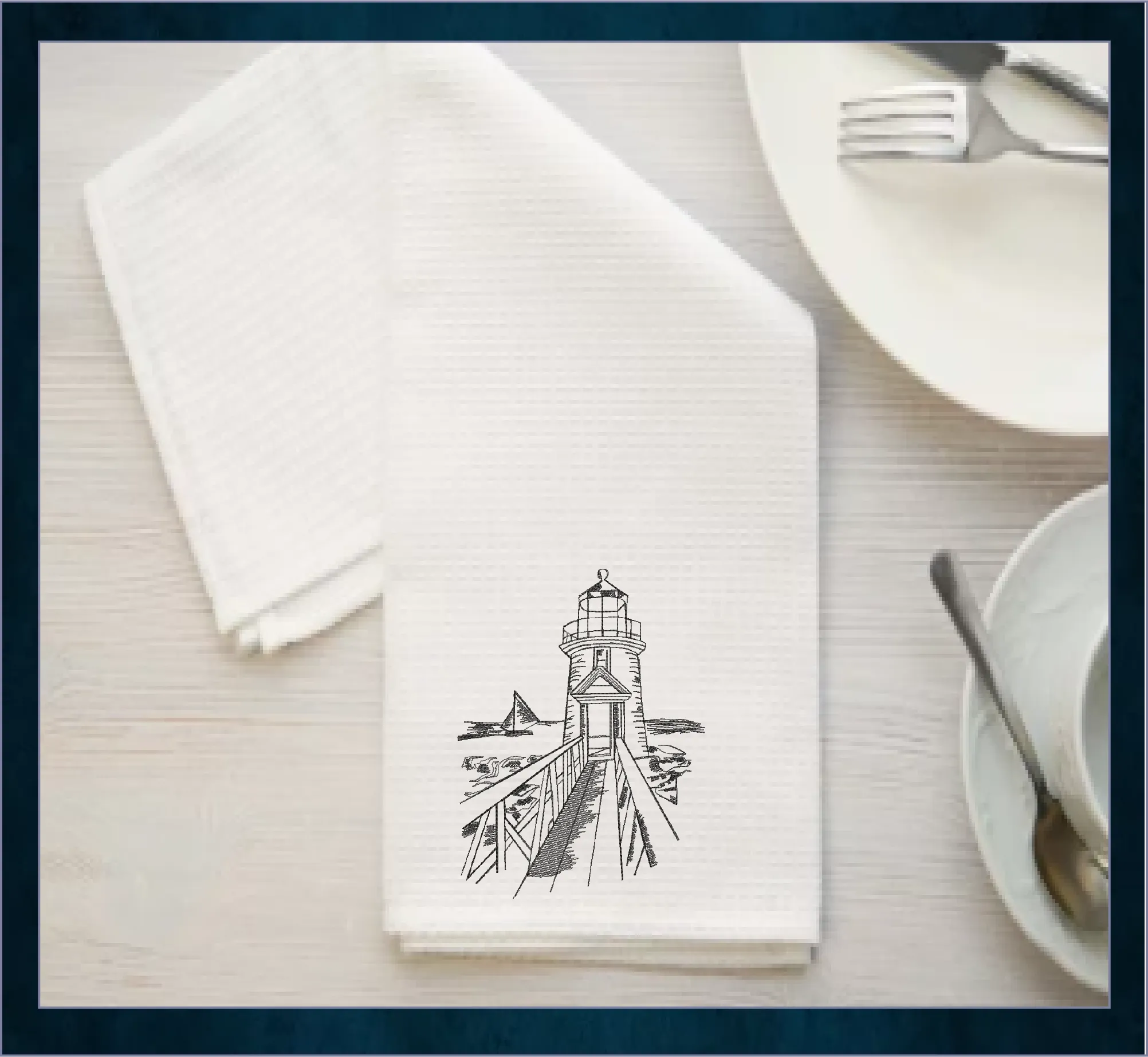 Rocky Pier Lighthouse Sketch Machine Embroidery Design – Coastal Seaside Landscape Pattern, 8 Sizes (0934)