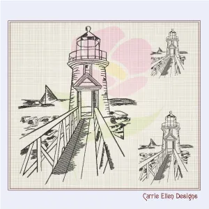 Rocky Pier Lighthouse Sketch Machine Embroidery Design – Coastal Seaside Landscape Pattern, 8 Sizes (0934)