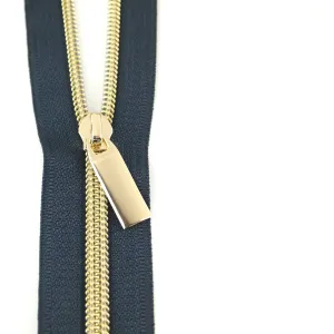 Sallie Tomato Zipper - 3 Yds with 9 Pulls - Navy Tape/Gold