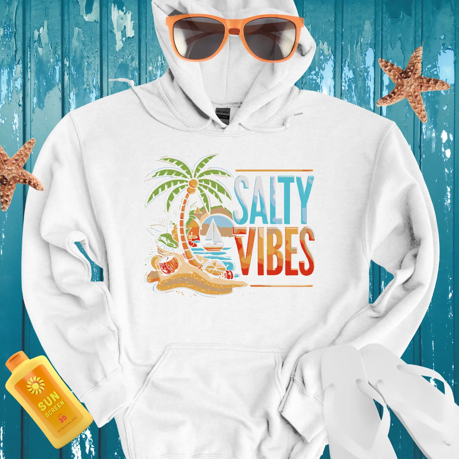 Salty Vibes Hoodie With Vibrant Beach Scene Design