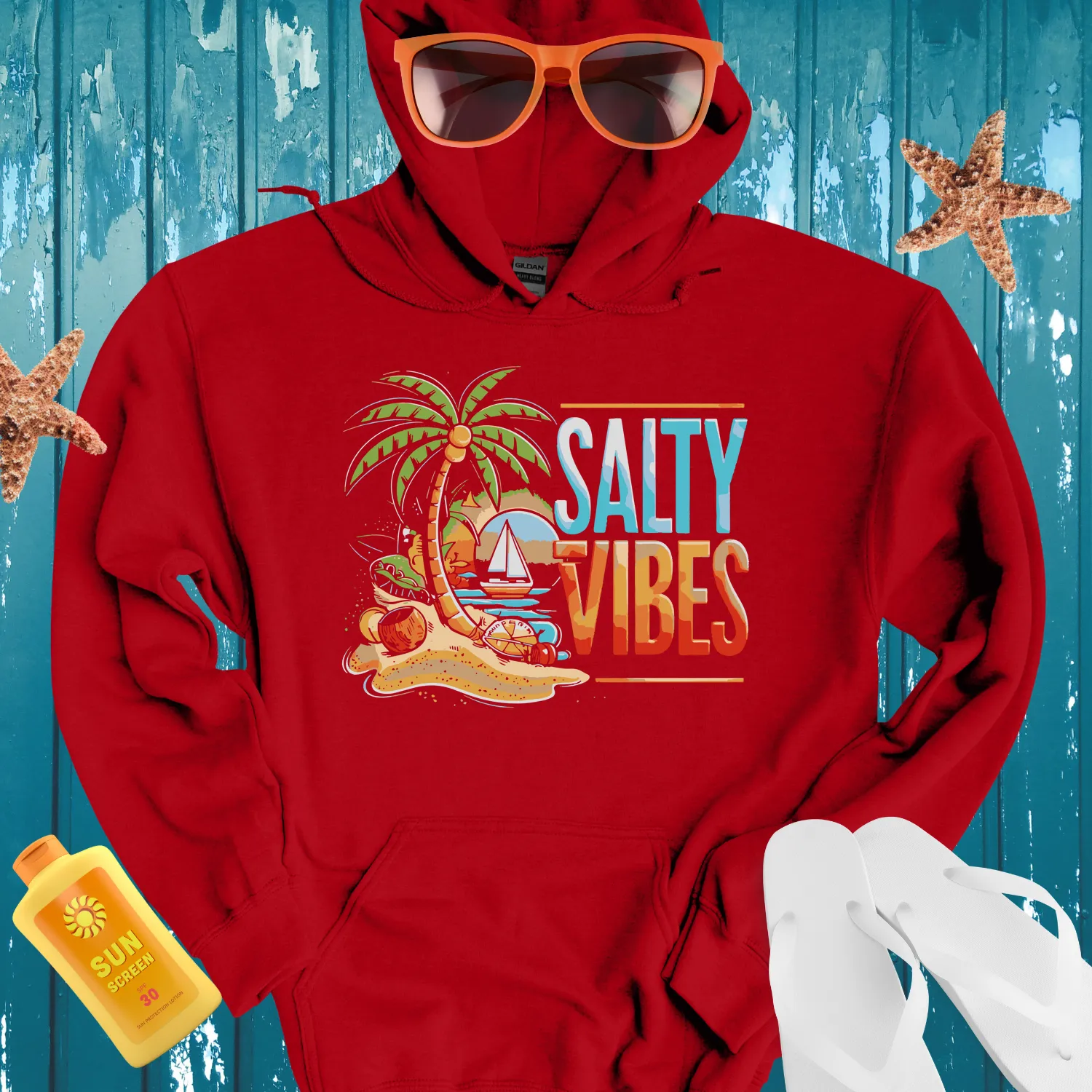 Salty Vibes Hoodie With Vibrant Beach Scene Design