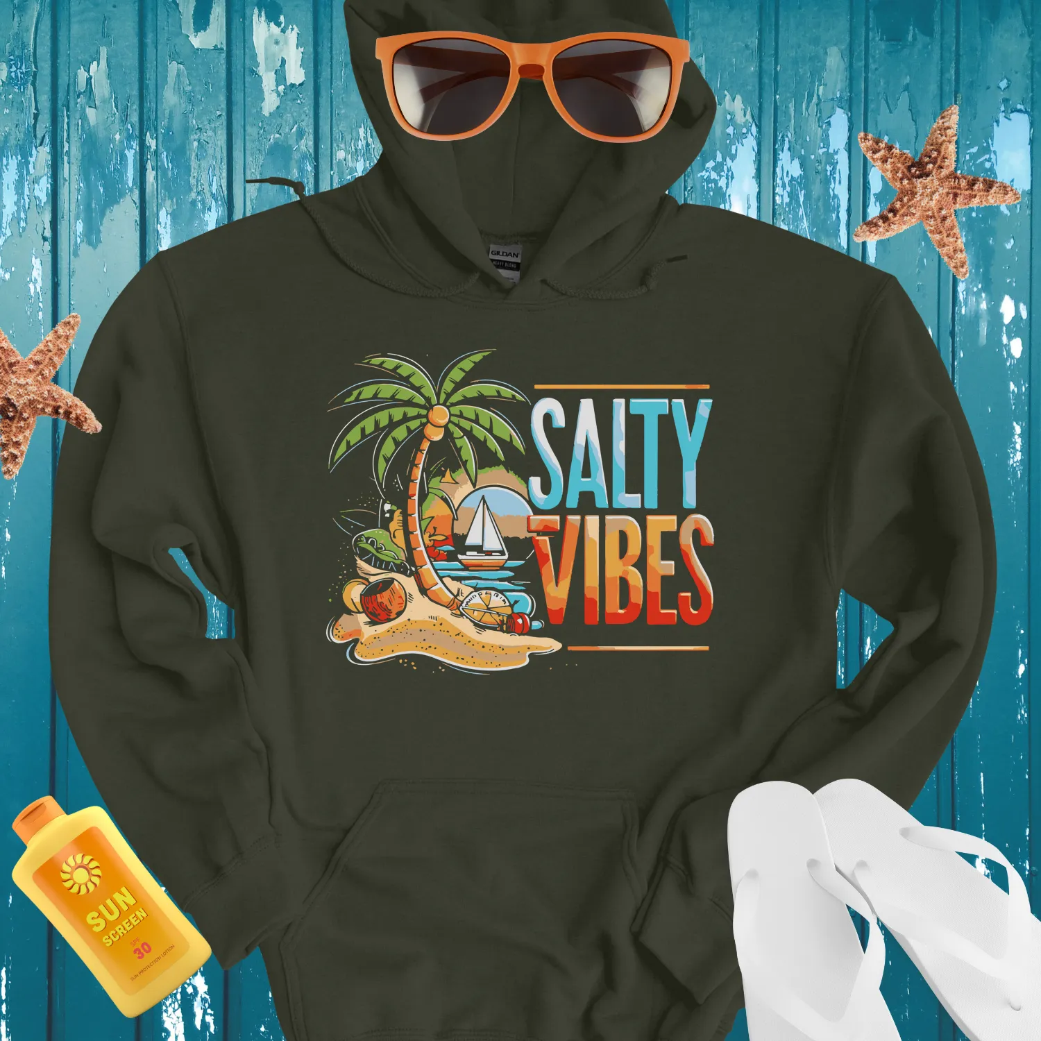 Salty Vibes Hoodie With Vibrant Beach Scene Design