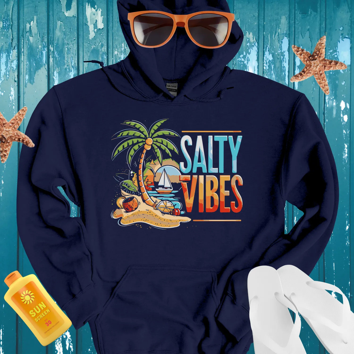 Salty Vibes Hoodie With Vibrant Beach Scene Design
