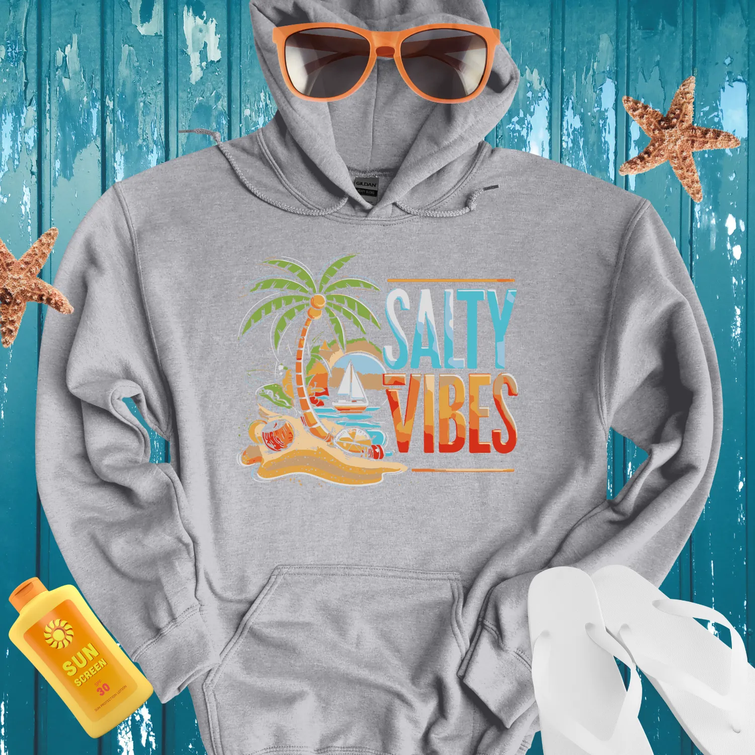Salty Vibes Hoodie With Vibrant Beach Scene Design