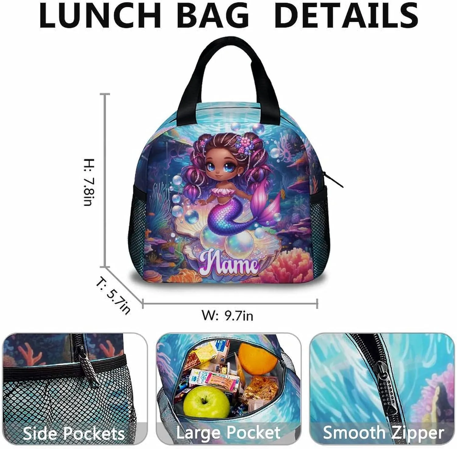 School Backpack for Girls, Custom Set of 3 Mermaid Backpacks with Lunch Box and Pencil Case for Elementary Preschool, Aesthetic Large Capacity Bookbag and Pencil Case Bundle for kids 3-5