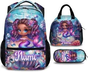 School Backpack for Girls, Custom Set of 3 Mermaid Backpacks with Lunch Box and Pencil Case for Elementary Preschool, Aesthetic Large Capacity Bookbag and Pencil Case Bundle for kids 3-5