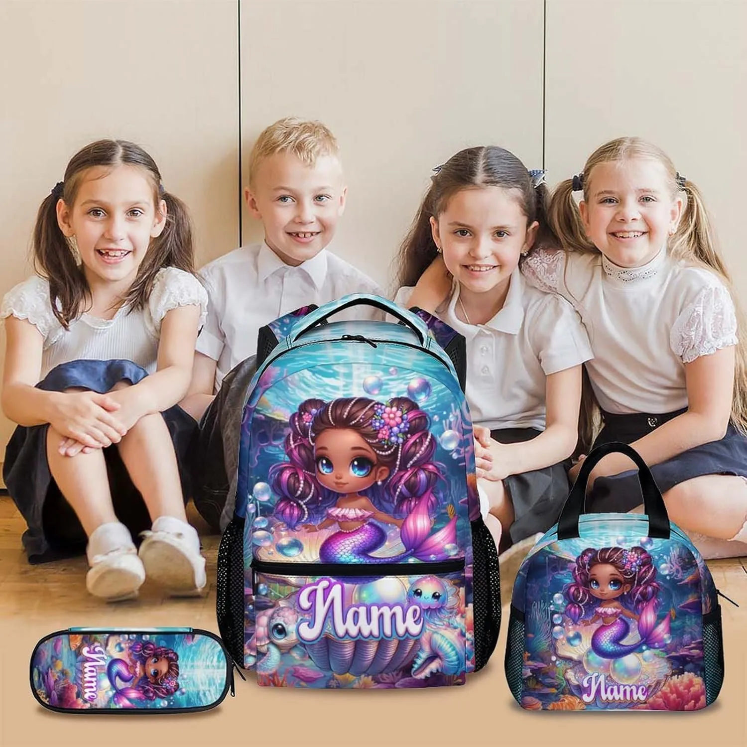 School Backpack for Girls, Custom Set of 3 Mermaid Backpacks with Lunch Box and Pencil Case for Elementary Preschool, Aesthetic Large Capacity Bookbag and Pencil Case Bundle for kids 3-5