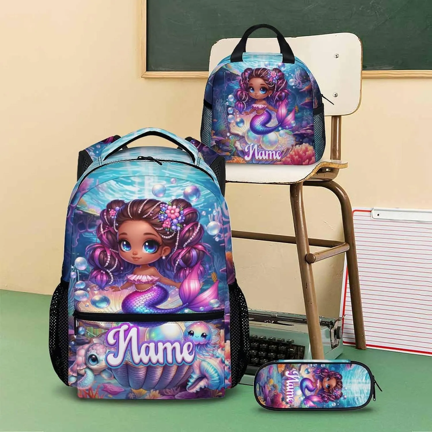 School Backpack for Girls, Custom Set of 3 Mermaid Backpacks with Lunch Box and Pencil Case for Elementary Preschool, Aesthetic Large Capacity Bookbag and Pencil Case Bundle for kids 3-5