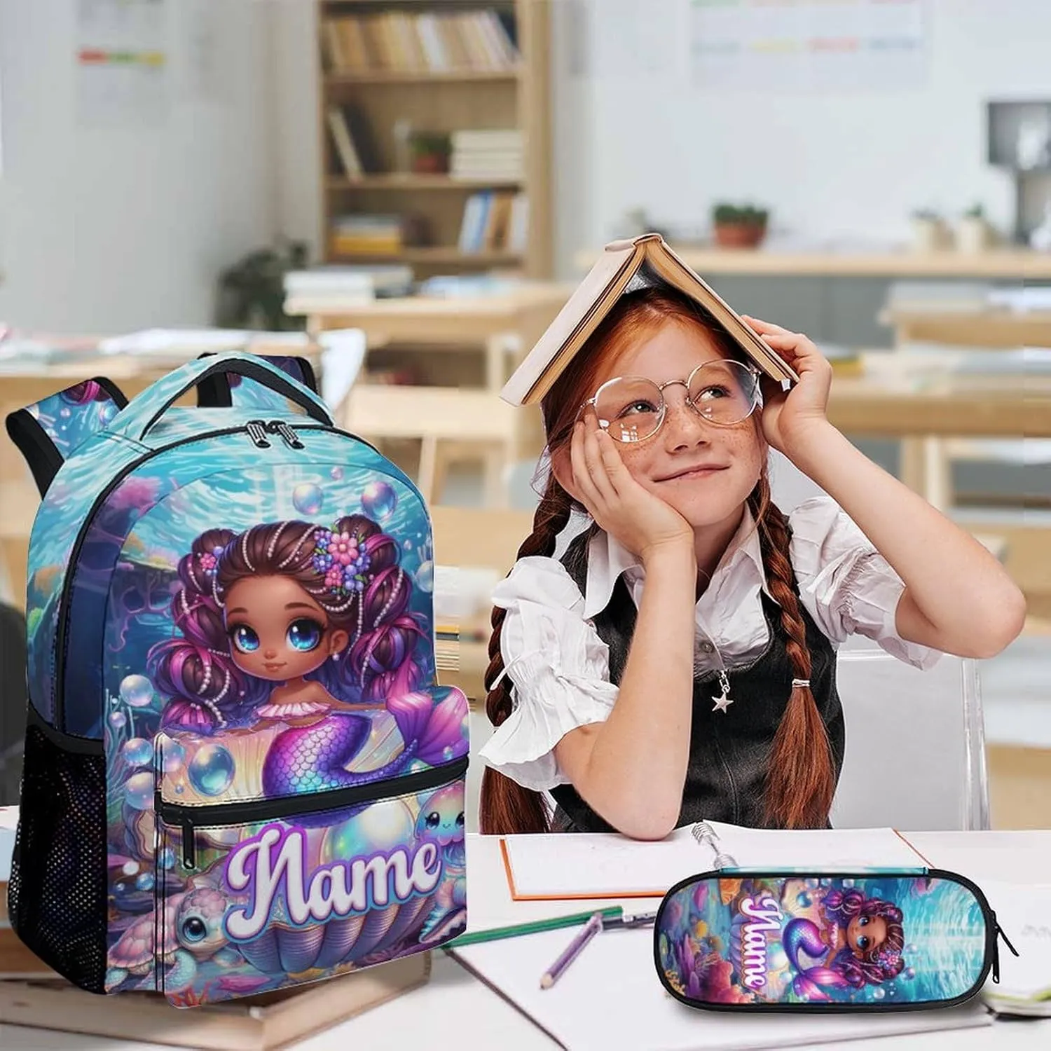 School Backpack for Girls, Custom Set of 3 Mermaid Backpacks with Lunch Box and Pencil Case for Elementary Preschool, Aesthetic Large Capacity Bookbag and Pencil Case Bundle for kids 3-5