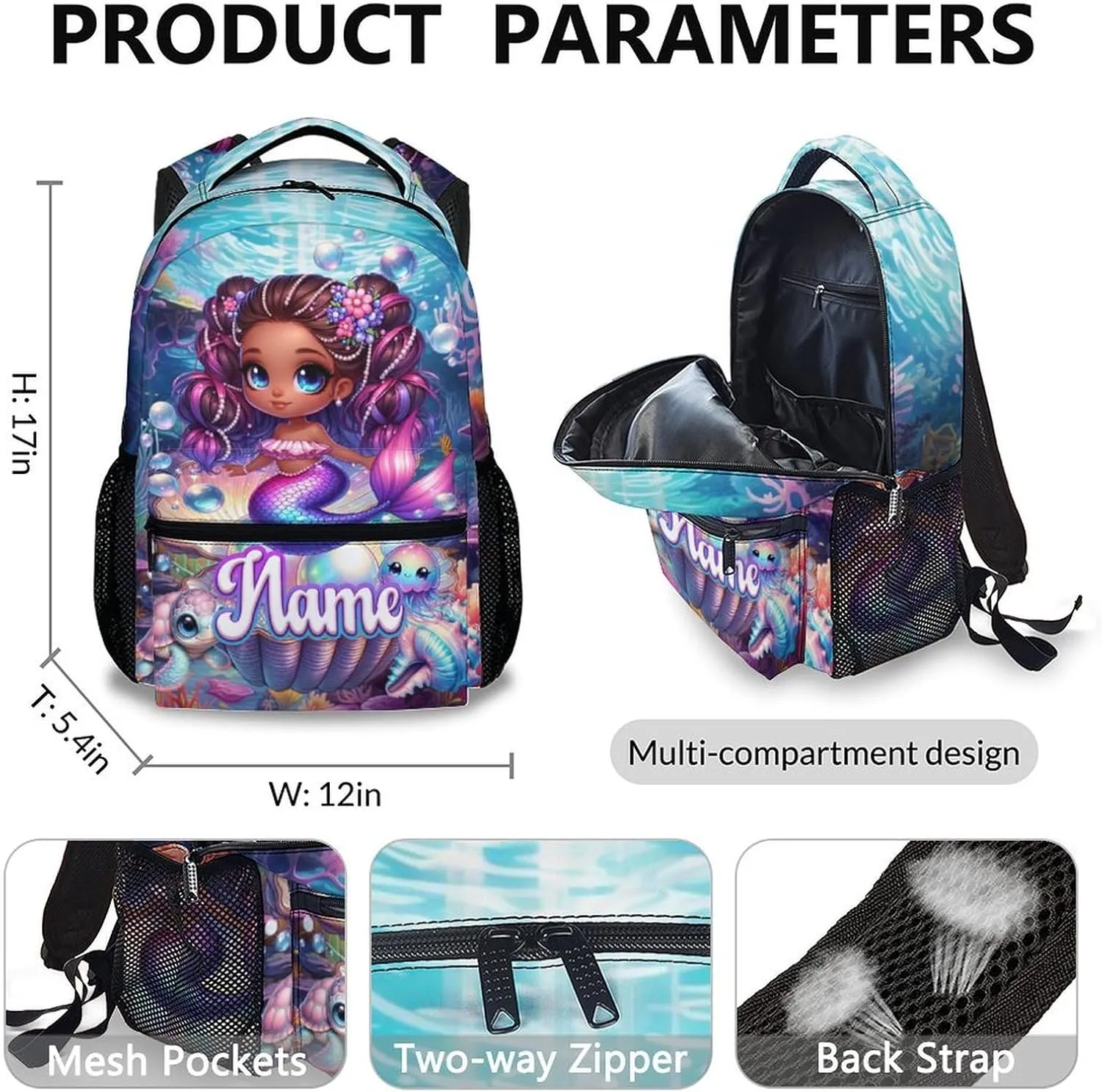 School Backpack for Girls, Custom Set of 3 Mermaid Backpacks with Lunch Box and Pencil Case for Elementary Preschool, Aesthetic Large Capacity Bookbag and Pencil Case Bundle for kids 3-5