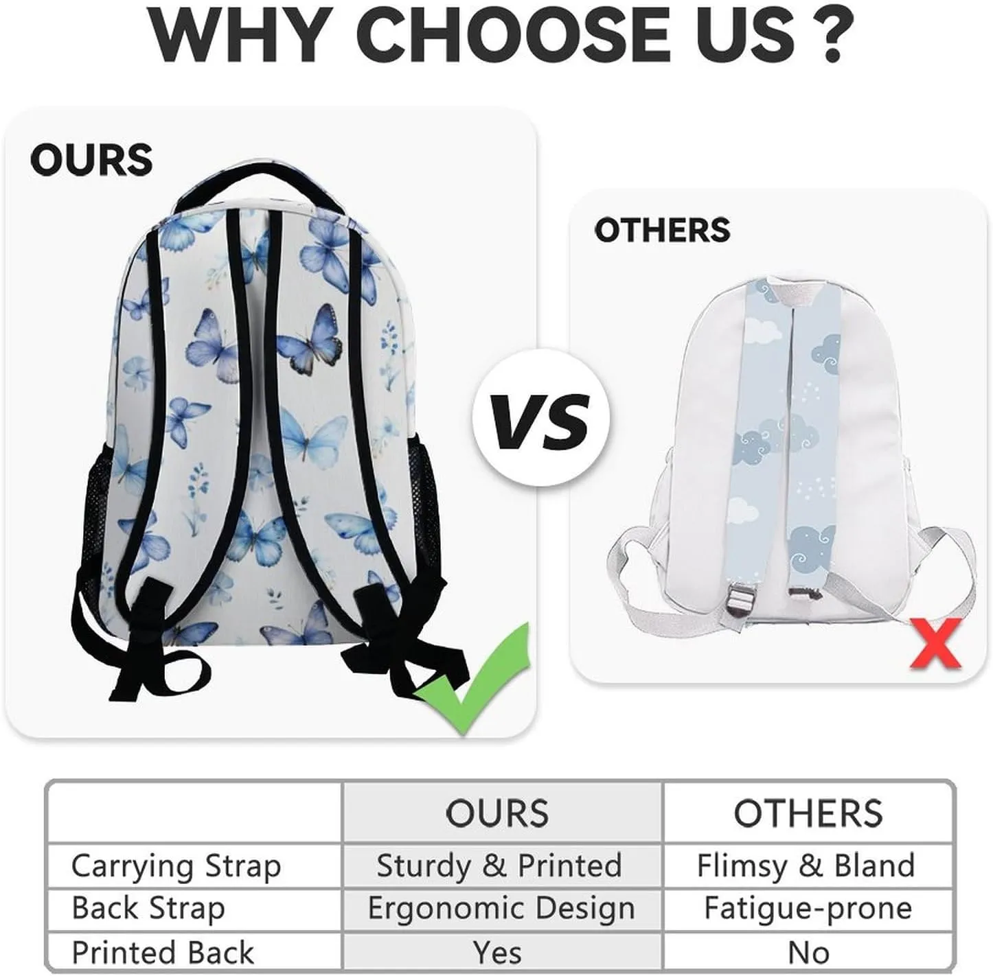 School Backpack for Kids, 17 Inch Blue Butterfly Backpacks for Girls, Aesthetic Portable Bookbag for Middle High School