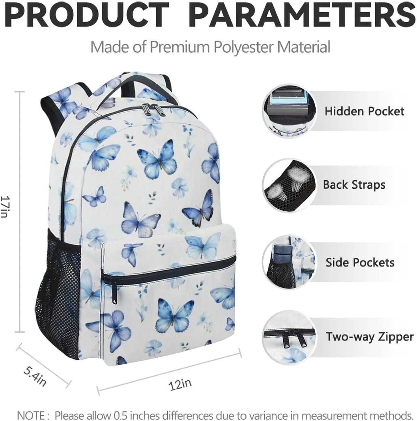 School Backpack for Kids, 17 Inch Blue Butterfly Backpacks for Girls, Aesthetic Portable Bookbag for Middle High School