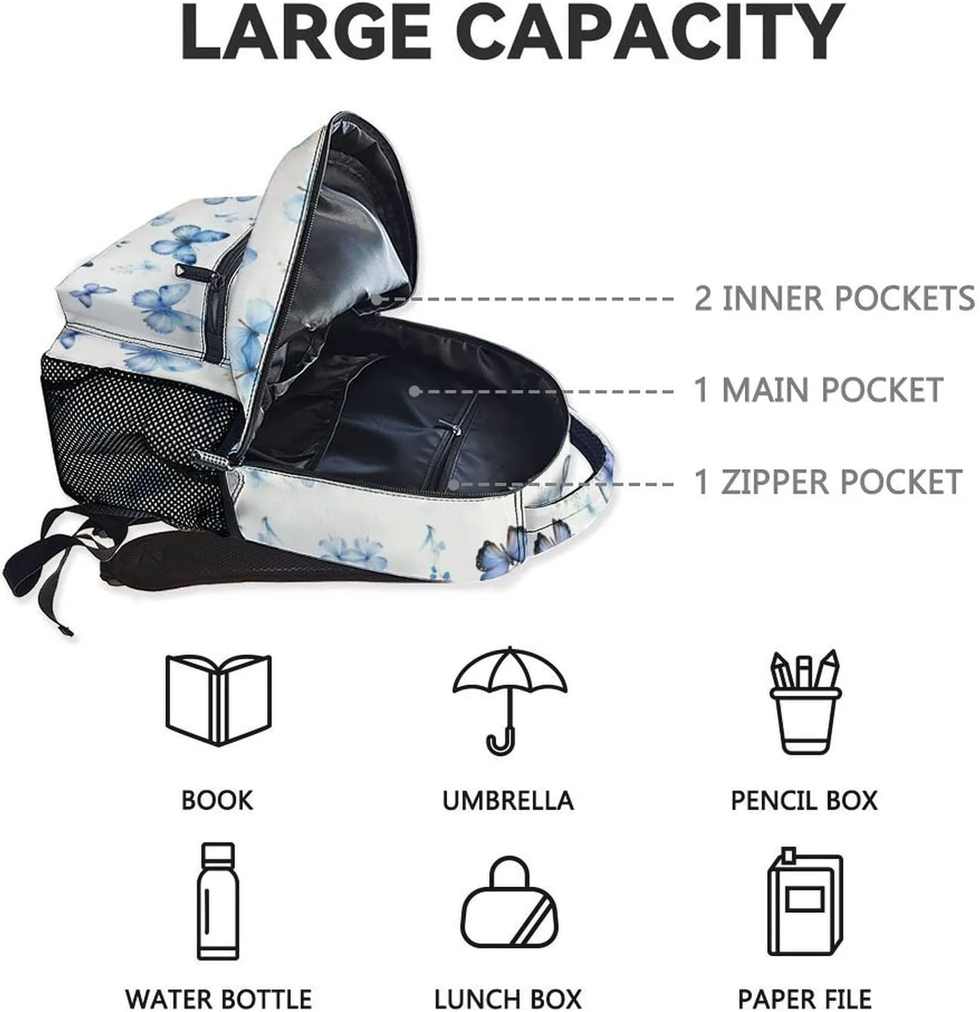 School Backpack for Kids, 17 Inch Blue Butterfly Backpacks for Girls, Aesthetic Portable Bookbag for Middle High School