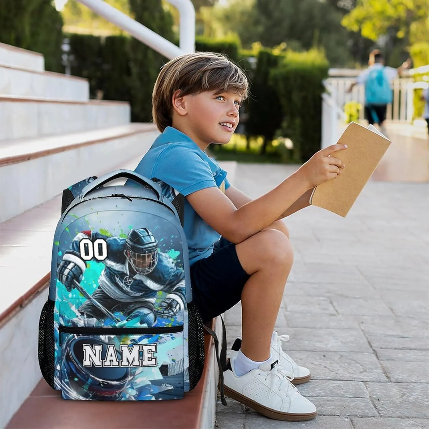 School Backpacks for Boys, Hockey Bookbag for Students Teens Hockey Lovers, Personalized 17 Inch with Name Lightweight Daypack School Bag for Primary Travel Camping