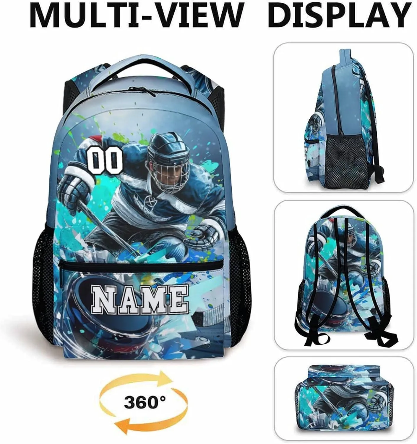 School Backpacks for Boys, Hockey Bookbag for Students Teens Hockey Lovers, Personalized 17 Inch with Name Lightweight Daypack School Bag for Primary Travel Camping