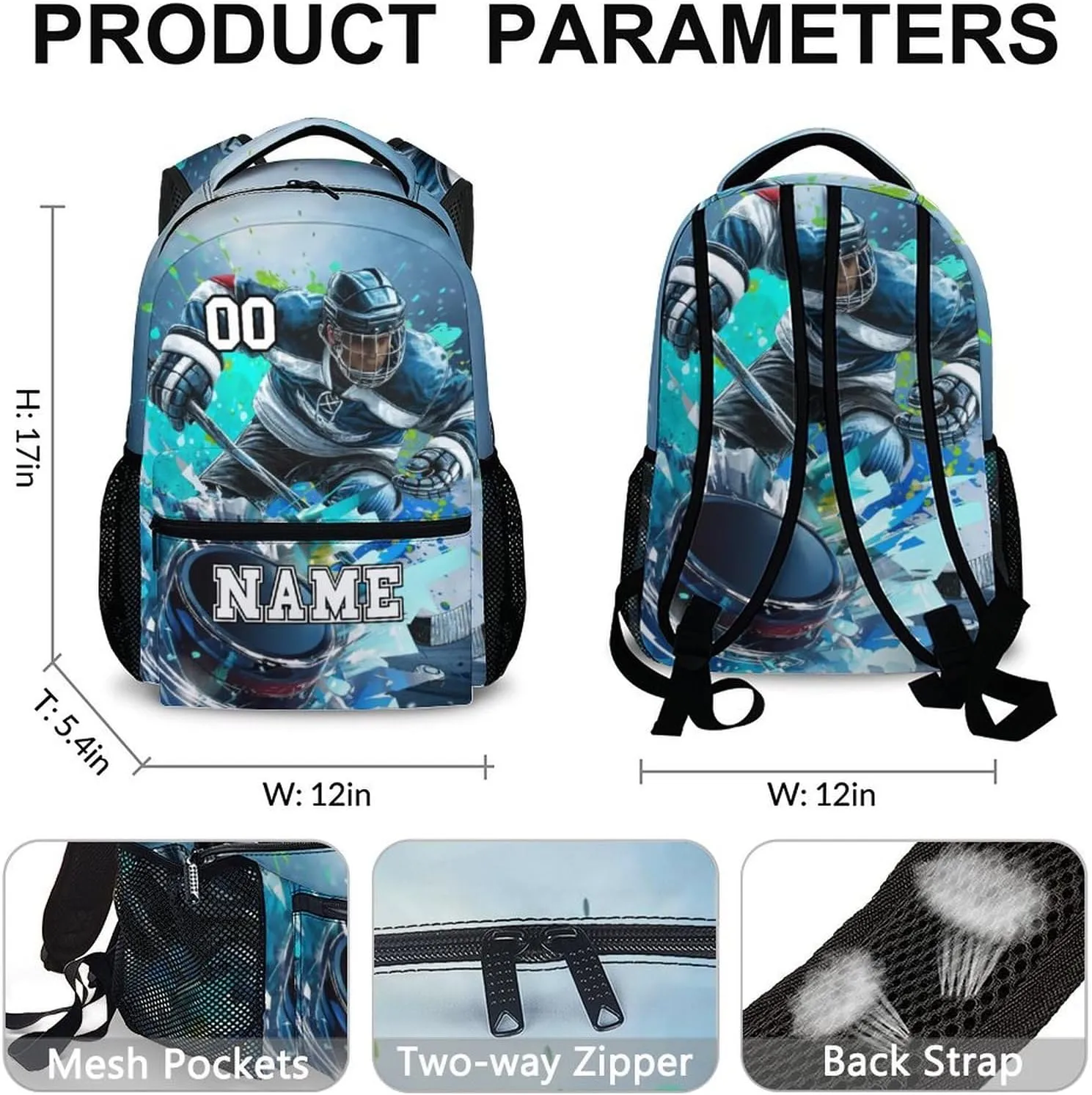 School Backpacks for Boys, Hockey Bookbag for Students Teens Hockey Lovers, Personalized 17 Inch with Name Lightweight Daypack School Bag for Primary Travel Camping