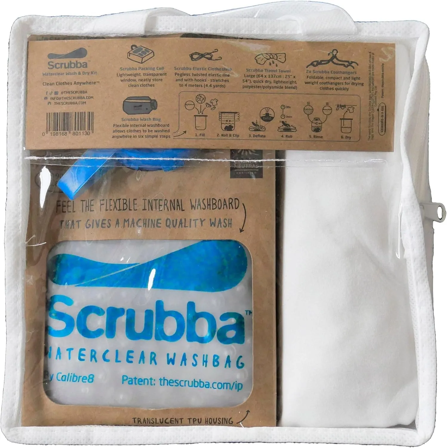 Scrubba Waterclear Wash & Dry Kit – Portable Hand Washing System – Lightweight for Travel, Camping & Hotels – Includes Quick-Dry Towel, Clothesline & Hangers – Eco-Friendly Travel Laundry Essentials