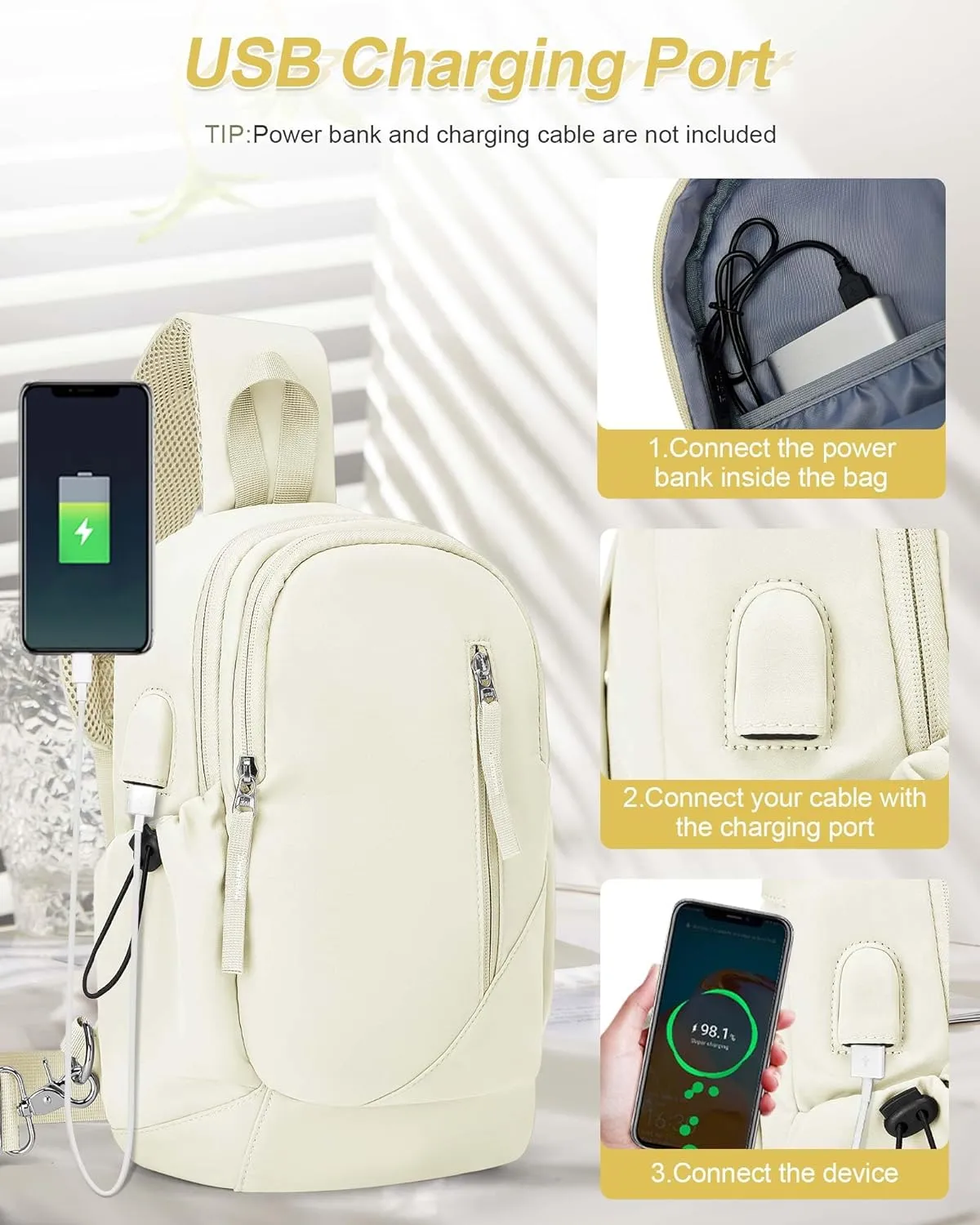 SEAFEW Crossbody Sling Backpacks Sling Bag for Men Women, Shoulder Backpack Chest Bags with USB Charger Port off white