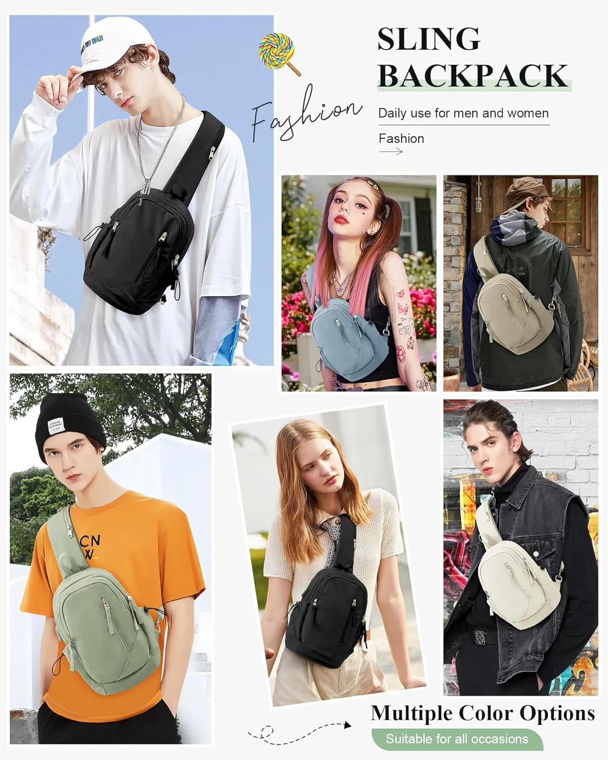 SEAFEW Crossbody Sling Backpacks Sling Bag for Men Women, Shoulder Backpack Chest Bags with USB Charger Port off white
